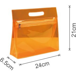 An orange transparent cosmetic pouch with a handle and a zipper pocket, featuring measurements of 24cm x 21cm x 6.5cm.