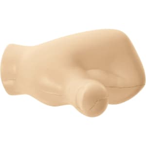 A beige thumb-shaped stress reliever with a smooth surface and a contoured design. It features a branding logo.