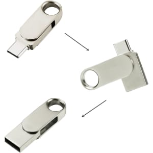 A silver Type-C flash drive with a rotating design, featuring a loop for attachment.