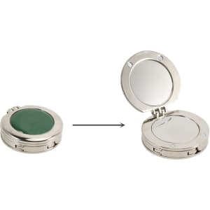 A foldable desk hook with a green surface and a mirror, featuring a stainless steel finish. It has a logo on the back.
