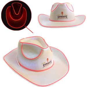 Light-up cowboy hats in white with neon pink trim, featuring a logo on the front. One hat has illumination effects.