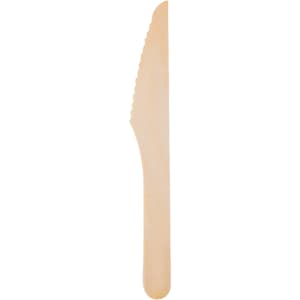 A disposable wooden knife in light brown colour, featuring a serrated edge for cutting.
