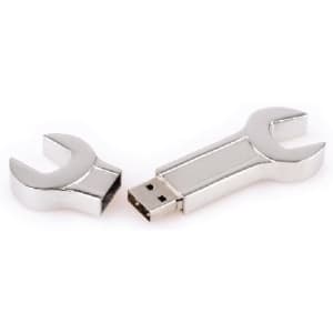 A silver dual spanner flash drive with a removable spanner cover, designed for data storage.