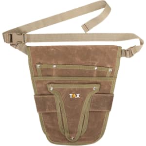 A garden tool waist pouch in olive green with multiple pockets and an adjustable strap. It features a logo.