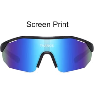 Sporty cycling sunglasses with a sleek black frame and blue reflective lenses. Features a logo on the front.