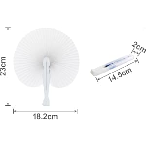 A peach-shaped plastic paper fan in white, with dimensions of 23cm height and 18.2cm width. Includes a small holder.