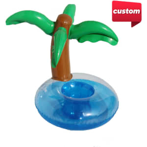 An inflatable cup holder shaped like a palm tree, featuring green leaves and a blue base. It includes a logo.