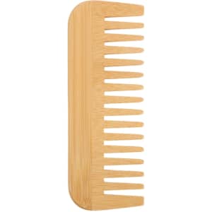 A bamboo small comb with a natural wood finish, featuring wide and narrow teeth for versatile grooming.