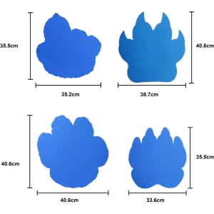 Four blue paw-shaped foam mitts in varying sizes with dimensions displayed alongside each.