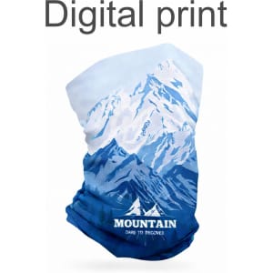 A neck gaiter featuring a digital print of blue mountain scenery with a logo at the base.