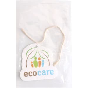A custom dishwashing sponge in white with a string, packaged in a clear plastic bag. Features an eco-friendly logo.