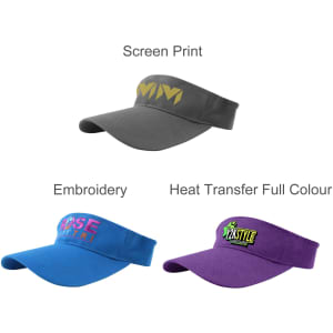 A collection of sport visors in grey, blue, and purple, featuring various styles of branding.