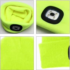 A bright yellow beanie with a black panel that houses a light. The fabric appears soft and stretchy.