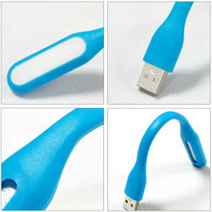A blue bendy light with a USB connector, featuring a flexible design and a light-emitting section.