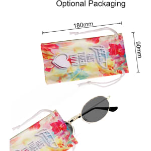 Oval retro sunglasses in black, displayed with an optional colourful packaging pouch.