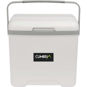 A white cooler box with a grey handle and a small logo on the front.