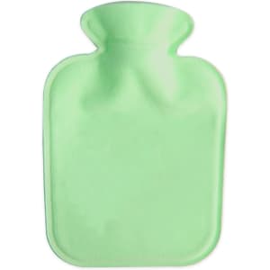 A green hot water bottle with a plush cover, featuring a simple design and rounded top. Suitable for home use.
