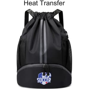 A black drawstring backpack featuring a mesh design and a separate compartment, with a logo on the lower part.