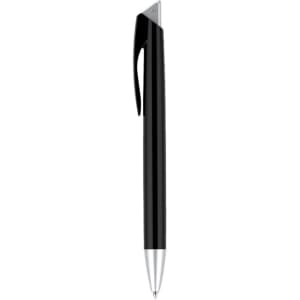 A black plastic pen with a silver tip and clip, featuring a logo.