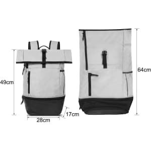 A grey and black sports roll top backpack with adjustable straps and multiple compartments. It features a logo.