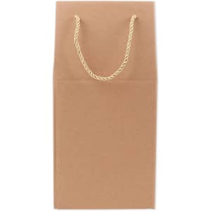A brown kraft paper wine box with a rope handle, designed to hold two bottles. It features a simple, unbranded appearance.
