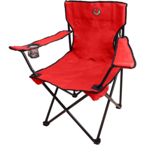 A red foldable portable camping chair with armrests and a cup holder, featuring a logo on the backrest.
