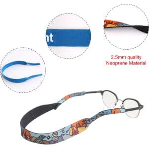 A glasses retainer featuring a colourful design with blue and black neoprene material, and a branding logo.