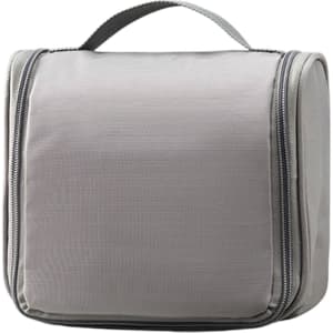 A grey hanging travel toiletry bag with a zip closure and a handle on top. It features a logo on the front.