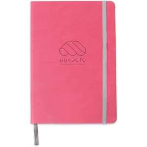 A5 PU cover notebook in vibrant pink with a grey elastic band and embossed logo.