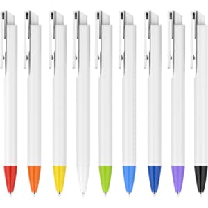 A collection of plastic pens with a creamy white barrel and various coloured tips: orange, yellow, green, blue, and black.