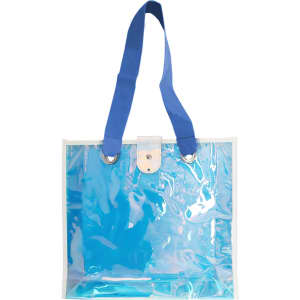 An iridescent clear tote bag with blue straps and a snap closure, perfect for versatile use.