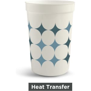 A 650ml plastic stadium cup in white with a geometric pattern in shades of blue. Features a logo.