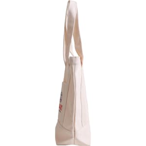 A heavy-duty tote bag in natural cotton colour with a simple design and a logo on the side.