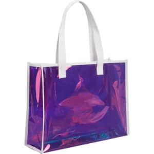A clear handbag with an iridescent purple finish and white handles, featuring a simple, sleek design.