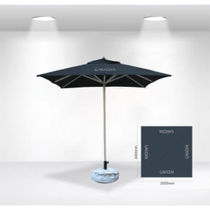 A 3x3m square market umbrella in navy blue, featuring a central pole and a weighted base. Includes branding.