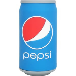 A blue drink can with a logo, featuring a red and white design, placed on a white background.