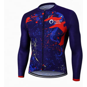 Men's long sleeve cycling jersey in purple with red and blue graphic patterns, featuring a front zip and a logo.