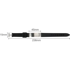 A black metal strap bracelet featuring a silver-toned metal buckle. Dimensions are 238mm length, 45mm width, 15mm thickness.