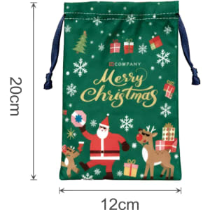 A green polyester drawstring gift bag featuring festive designs, including Santa, reindeer, and snowflakes.