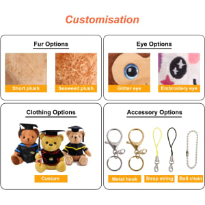 A selection of customisable graduation bear keyrings with various fur, eye, clothing, and accessory options.