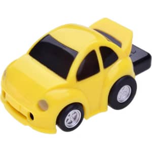 A yellow car-shaped flash drive featuring black wheels and a sleek design. The product includes a branding logo.