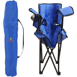 A blue foldable portable camping chair next to its matching carry bag. The chair includes armrests and has a logo.