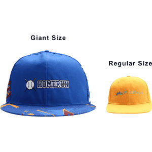 A giant blue baseball cap with a logo, next to a smaller yellow cap featuring a different logo.