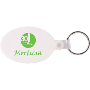 An oval white keyring with a green logo and a circular metal keychain attachment.