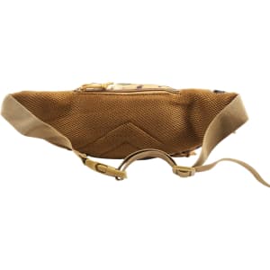 A tactical fanny pack in a tan colour with mesh detailing and adjustable straps. The pack features a branded logo.