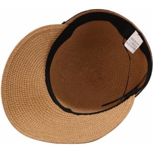 A straw hat with a wide brim and a black interior, featuring a label inside. It has a natural beige colour.