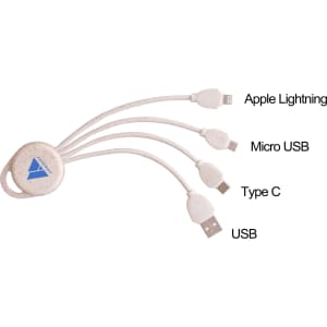 A round wheat straw charging cable in beige, featuring Apple Lightning, Micro USB, Type C, and USB connectors.