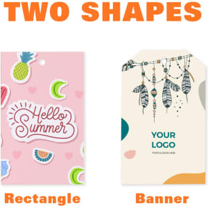 A pink rectangular swing tag with fruit designs and a cream banner swing tag featuring dreamcatchers and a logo placeholder.