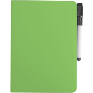 A5 whiteboard notebook in vibrant green with a black and white pen attached. It features a smooth, sleek cover and has a logo.