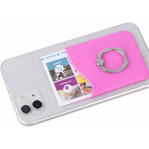 A pink smart wallet with a ring attachment, designed to be attached to a smartphone, featuring a card slot.